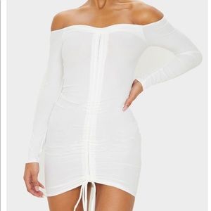White ribbed long sleeve ruched bodycon dress PLT